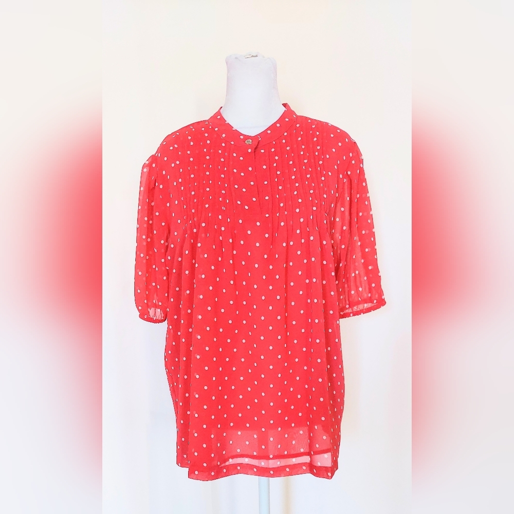 Nautica Jeans Short Sleeve Dot Print Pin Tuck Blouse Red White Size Medium